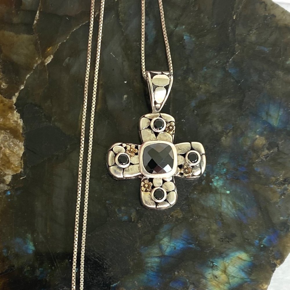 Sterling Silver 925 Black Tourmaline Glass Cross Pendant Necklace 18" Box Chain - Picture 16 of 16